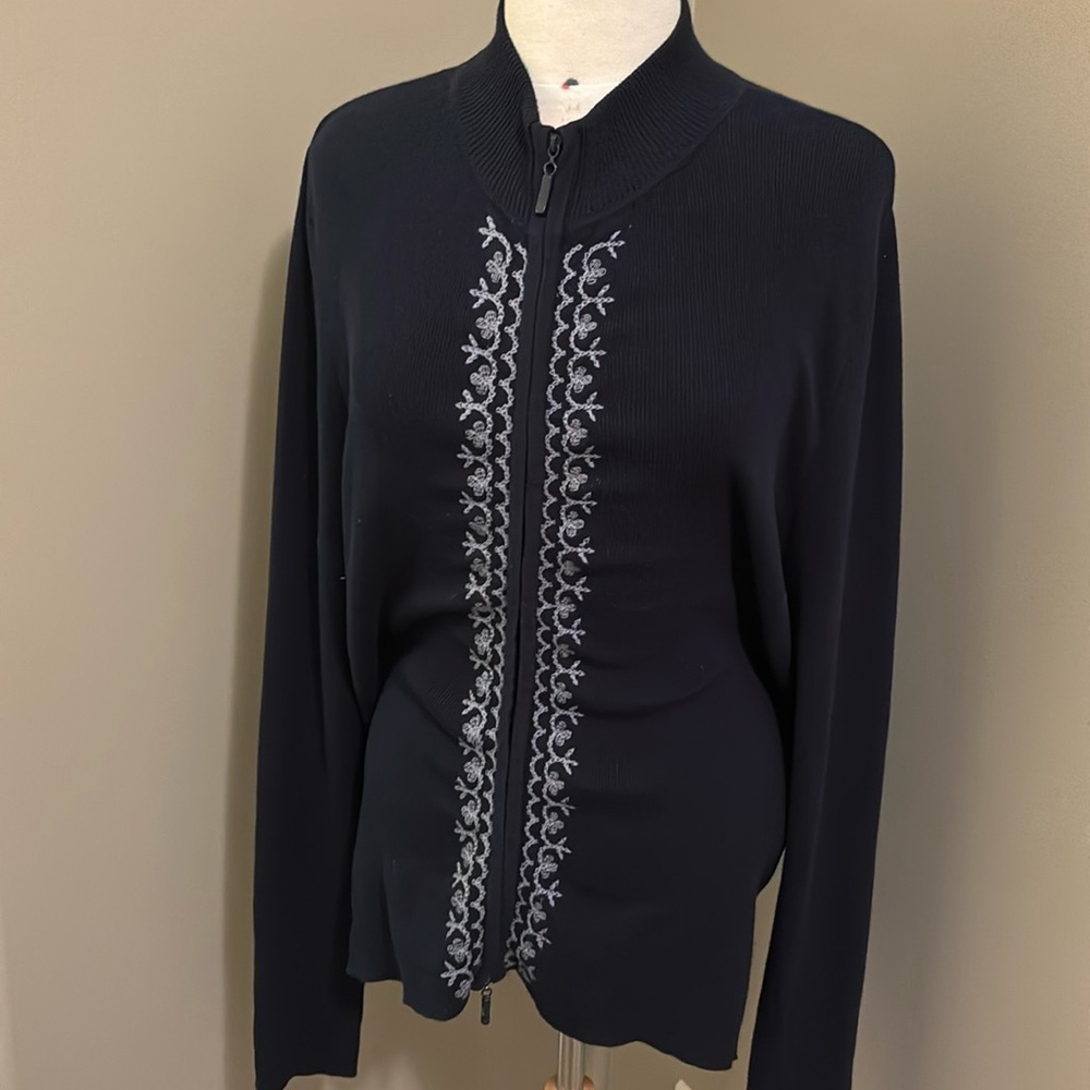 Rino Rossi Front Zipper Floral Embroidery Cardigan Navy Size Medium
